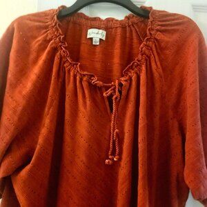 Rust terracotta Orange Cottagecore boho peasant flowy tassels blouse L